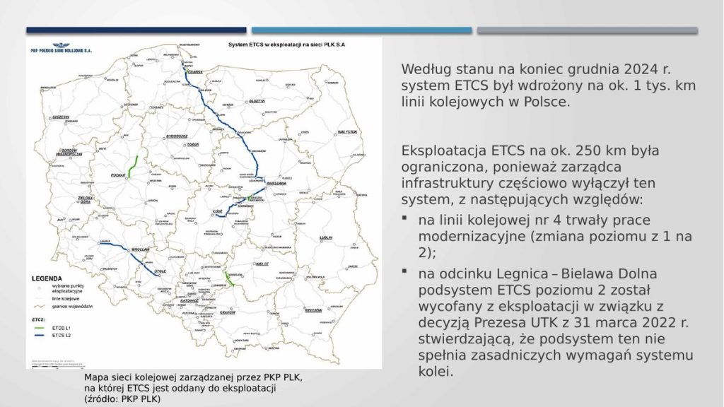 Mapa sieci PKP PLK z odcinkami, na których ETCS jest oddany do eksploatacji