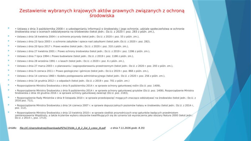 Zestawienie wybranych krajowych aktów prawnych związanych z ochroną środowiska