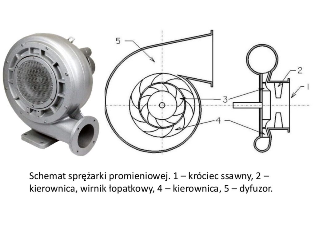 Schemat sprężarki promieniowej: 1 – króciec ssawny, 2 – kierownica, 3 – wirnik łopatkowy, 4 – kierownica, 5 – dyfuzor