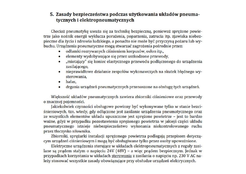 Zasady bezpieczeństwa podczas użytkowania układów pneumatycznych i elektropneumatycznych – materiał źródłowy
